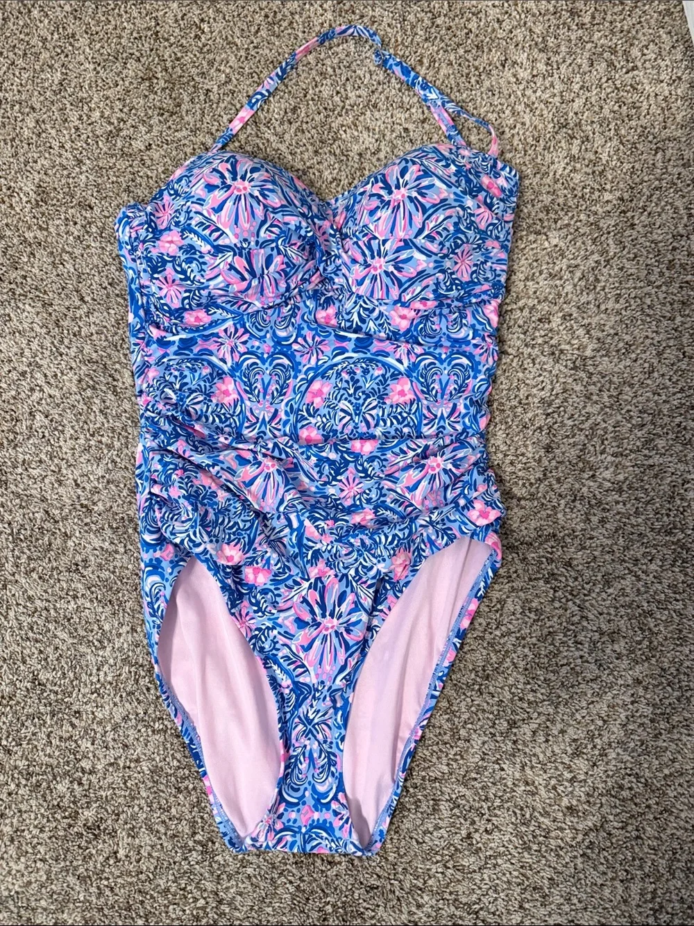 Womens Blue & Pink Floral One-Piece Swimsuit - Picture 1 of 2